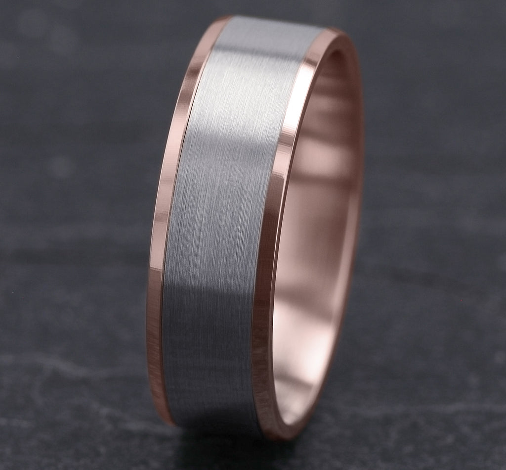 THE ROCKWELL 7mm, Lightweight comfort fit, 14K Rose and White Gold, Satin center, polished bevel edges