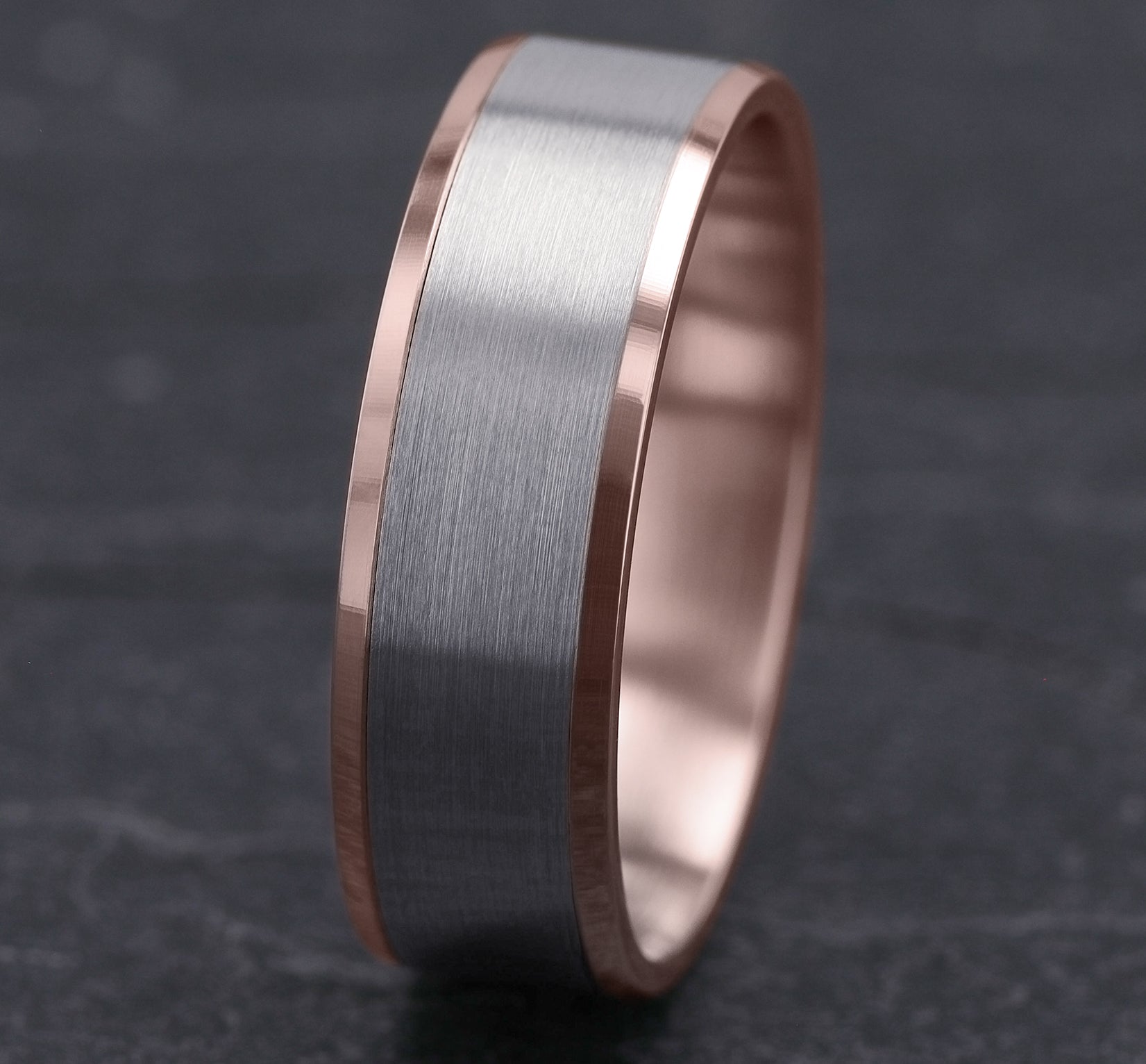 THE ROCKWELL 7mm, Lightweight comfort fit, 14K Rose and White Gold, Satin center, polished bevel edges