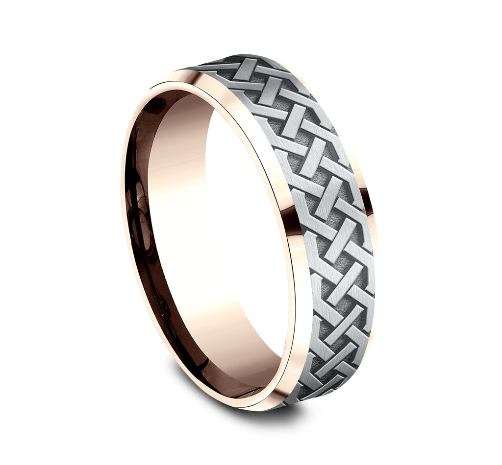 THE KILKENNY 7mm, Lightweight comfort fit, 14K Rose and White Gold, Celtic knot patterned center, polished bevel edges