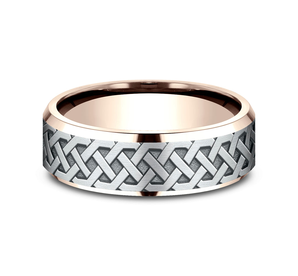THE KILKENNY 7mm, Lightweight comfort fit, 14K Rose and White Gold, Celtic knot patterned center, polished bevel edges