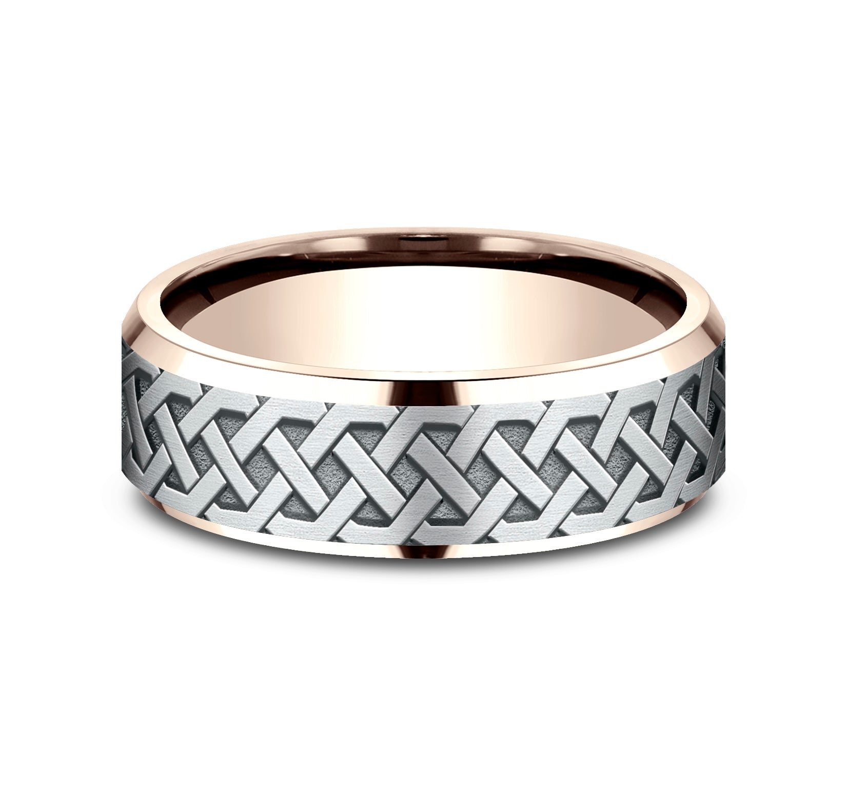 THE KILKENNY 7mm, Lightweight comfort fit, 14K Rose and White Gold, Celtic knot patterned center, polished bevel edges