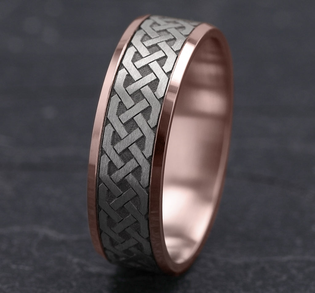 THE KILKENNY 7mm, Lightweight comfort fit, 14K Rose and White Gold, Celtic knot patterned center, polished bevel edges