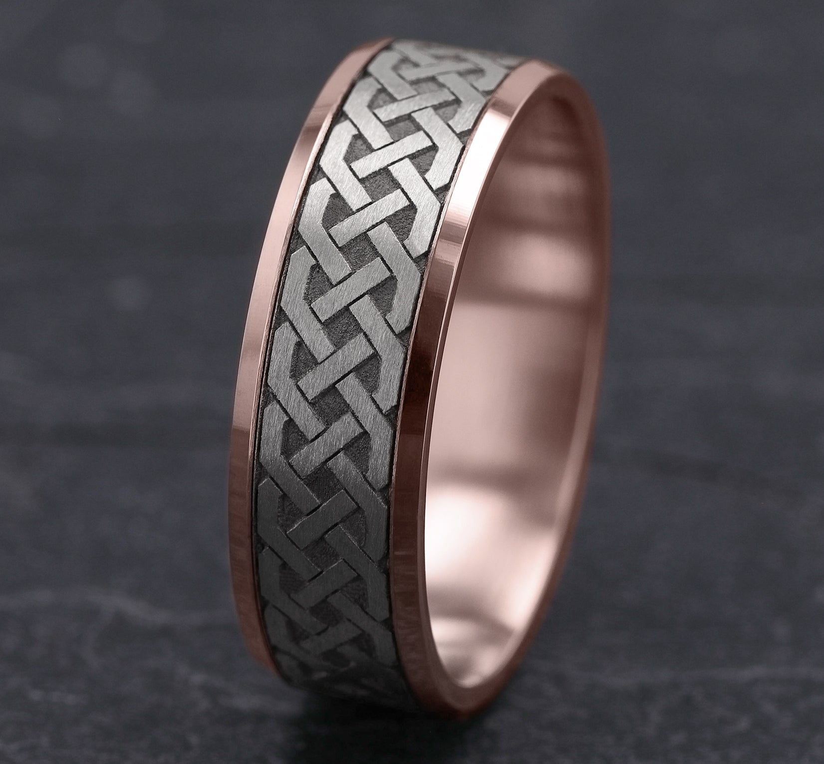 THE KILKENNY 7mm, Lightweight comfort fit, 14K Rose and White Gold, Celtic knot patterned center, polished bevel edges