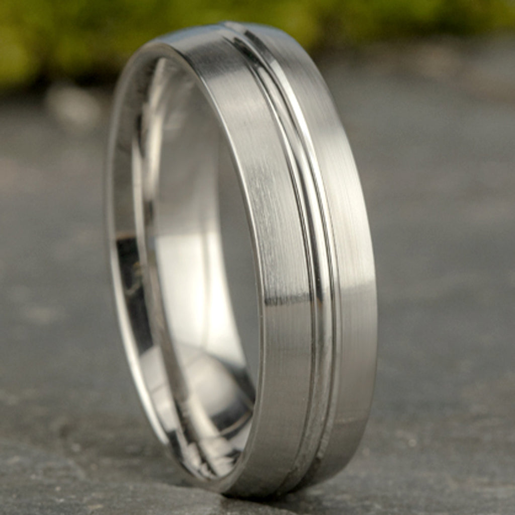THE BASTION 6.5mm, Lightweight comfort fit, 14K White Gold, Satin finish, polished concave center cut