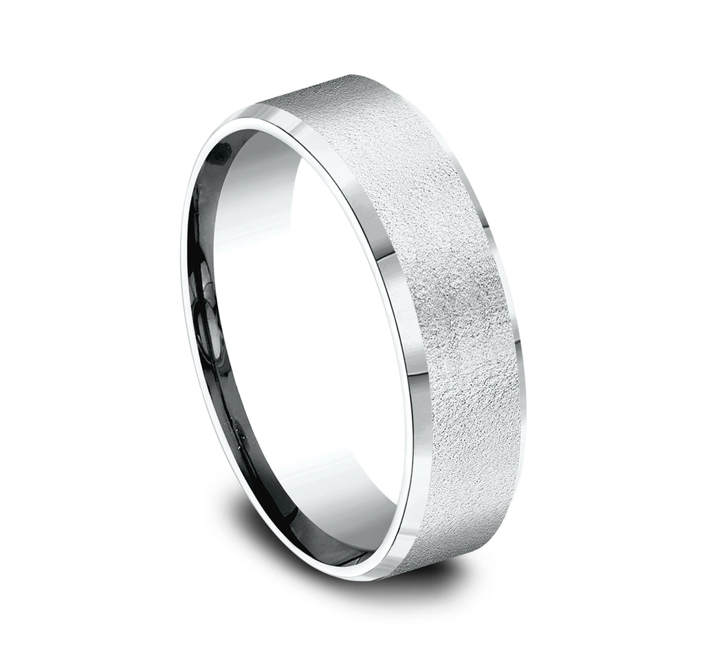 THE ENVOY 6.5mm, Lightweight comfort fit, 14K White Gold, Wire brush center, slightly beveled edges