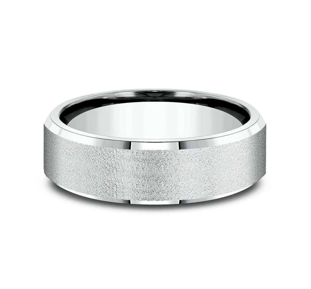 THE ENVOY 6.5mm, Lightweight comfort fit, 14K White Gold, Wire brush center, slightly beveled edges