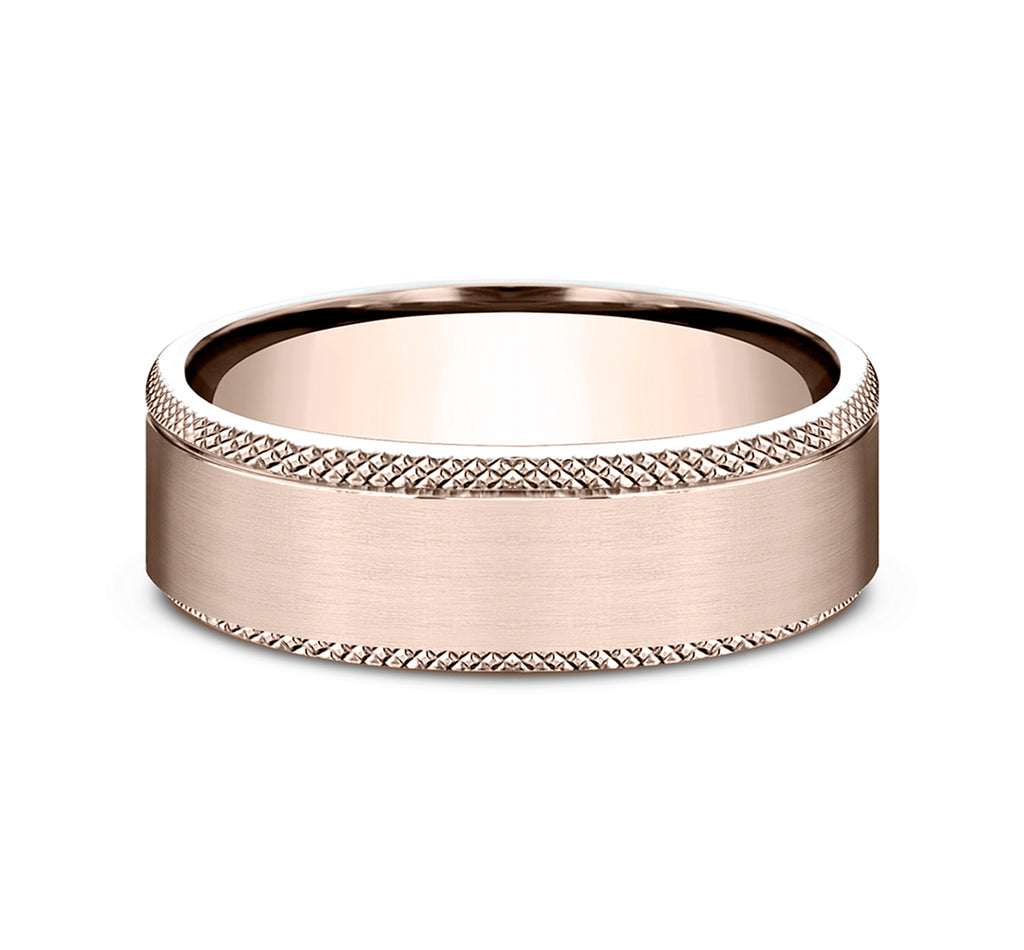 THE APEX 6.5mm, Lightweight comfort fit, 14K Rose Gold, Satin finish center, knurl detailed edges