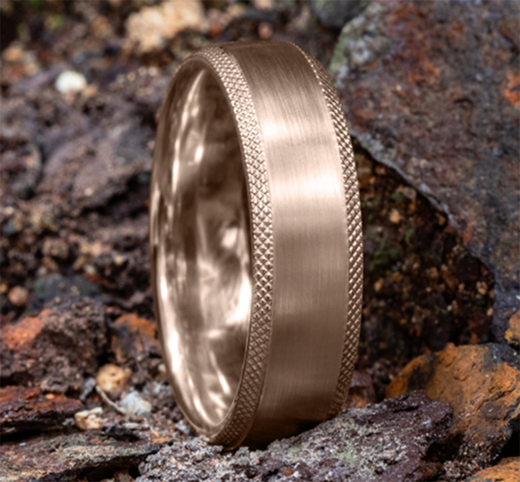 THE APEX 6.5mm, Lightweight comfort fit, 14K Rose Gold, Satin finish center, knurl detailed edges