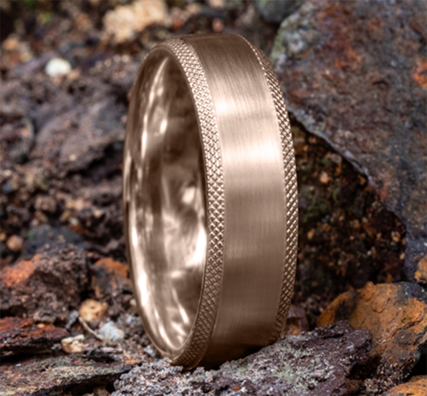 THE APEX 6.5mm, Lightweight comfort fit, 14K Rose Gold, Satin finish center, knurl detailed edges