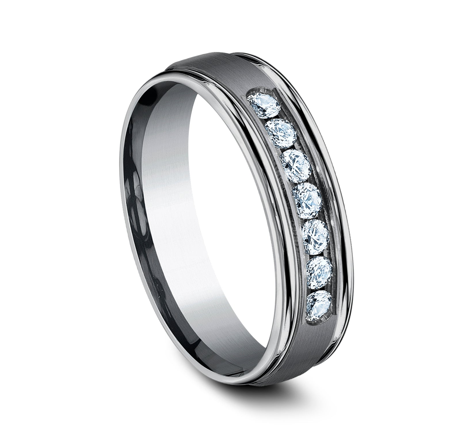 THE ROOSEVELT 6mm, Comfort fit, Grey Tantalum, Satin center, polished round edges, 7 channel set diamonds, Carat weight is .42ct, Clarity SI1-2, Color GH
