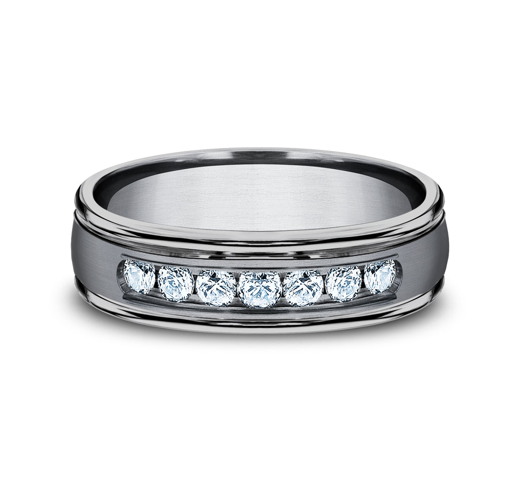 THE ROOSEVELT 6mm, Comfort fit, Grey Tantalum, Satin center, polished round edges, 7 channel set diamonds, Carat weight is .42ct, Clarity SI1-2, Color GH