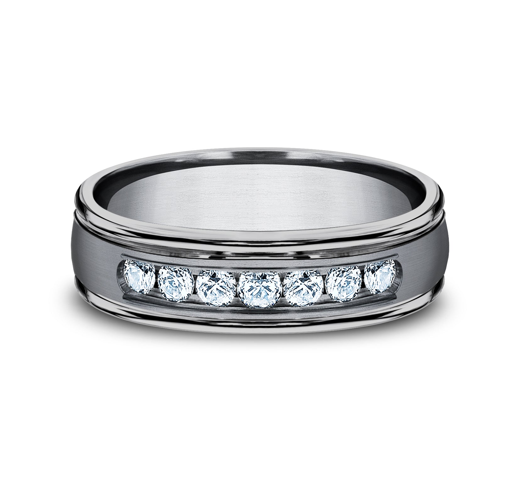 THE ROOSEVELT 6mm, Comfort fit, Grey Tantalum, Satin center, polished round edges, 7 channel set diamonds, Carat weight is .42ct, Clarity SI1-2, Color GH