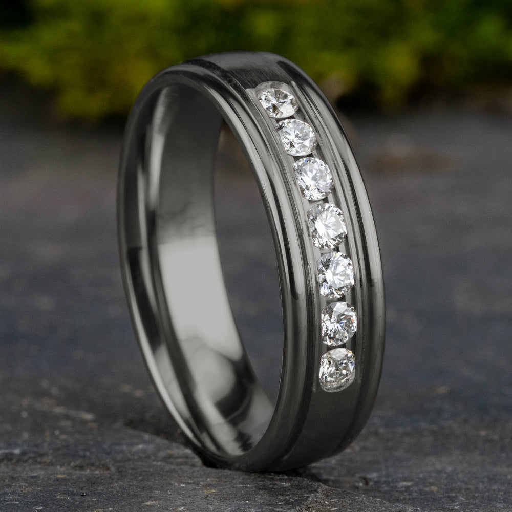 THE ROOSEVELT 6mm, Comfort fit, Grey Tantalum, Satin center, polished round edges, 7 channel set diamonds, Carat weight is .42ct, Clarity SI1-2, Color GH