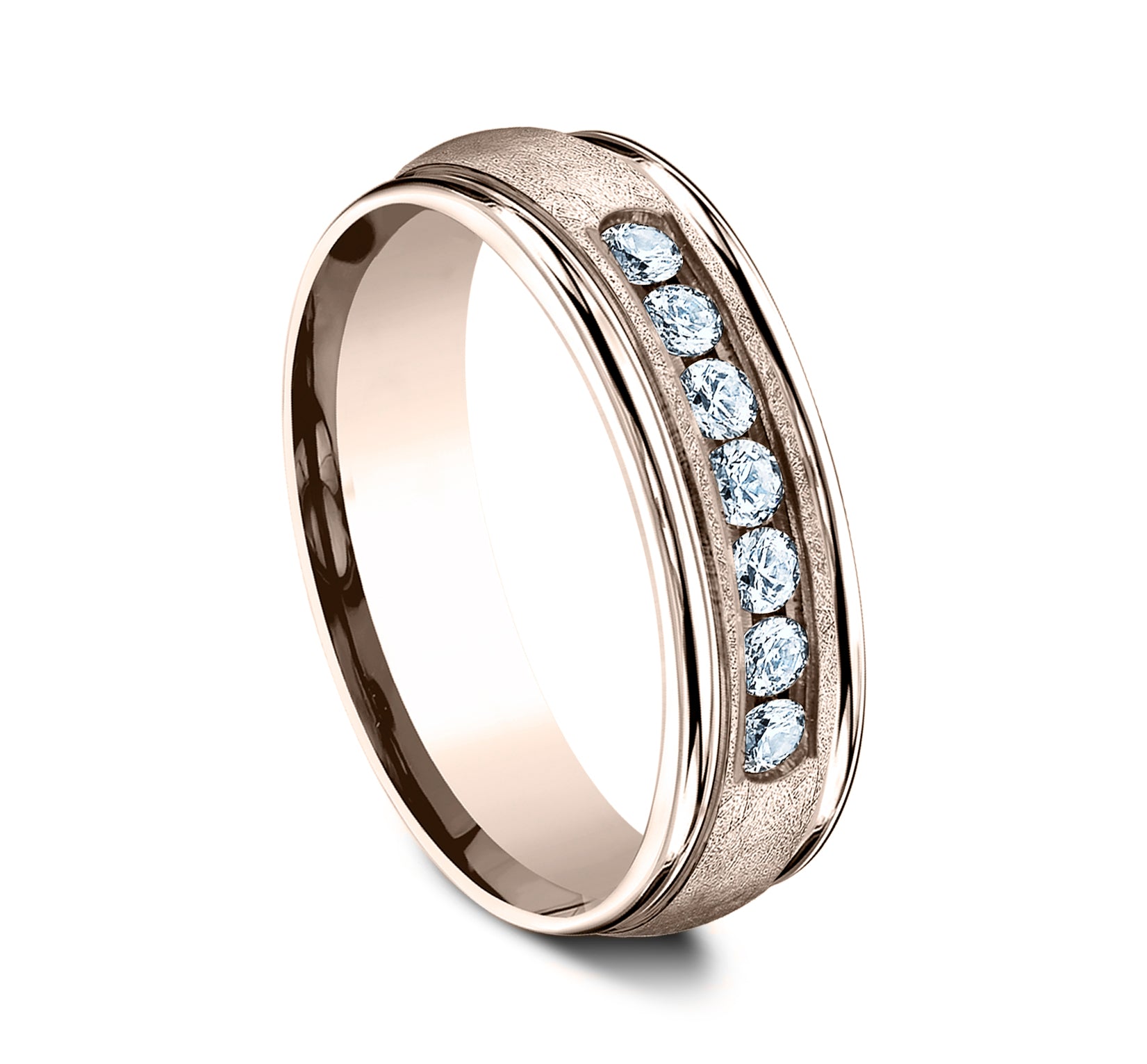 THE CAMBRIDGE 6.5mm, Comfort fit, 14K Rose Gold, Swirl finish, polished round edges, 7 channel set diamonds, Carat weight is .42ct, Clarity SI1-2, Color GH