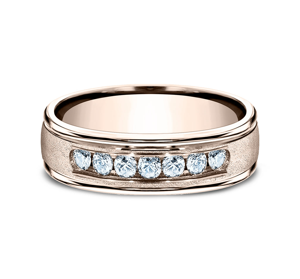 THE CAMBRIDGE 6.5mm, Comfort fit, 14K Rose Gold, Swirl finish, polished round edges, 7 channel set diamonds, Carat weight is .42ct, Clarity SI1-2, Color GH