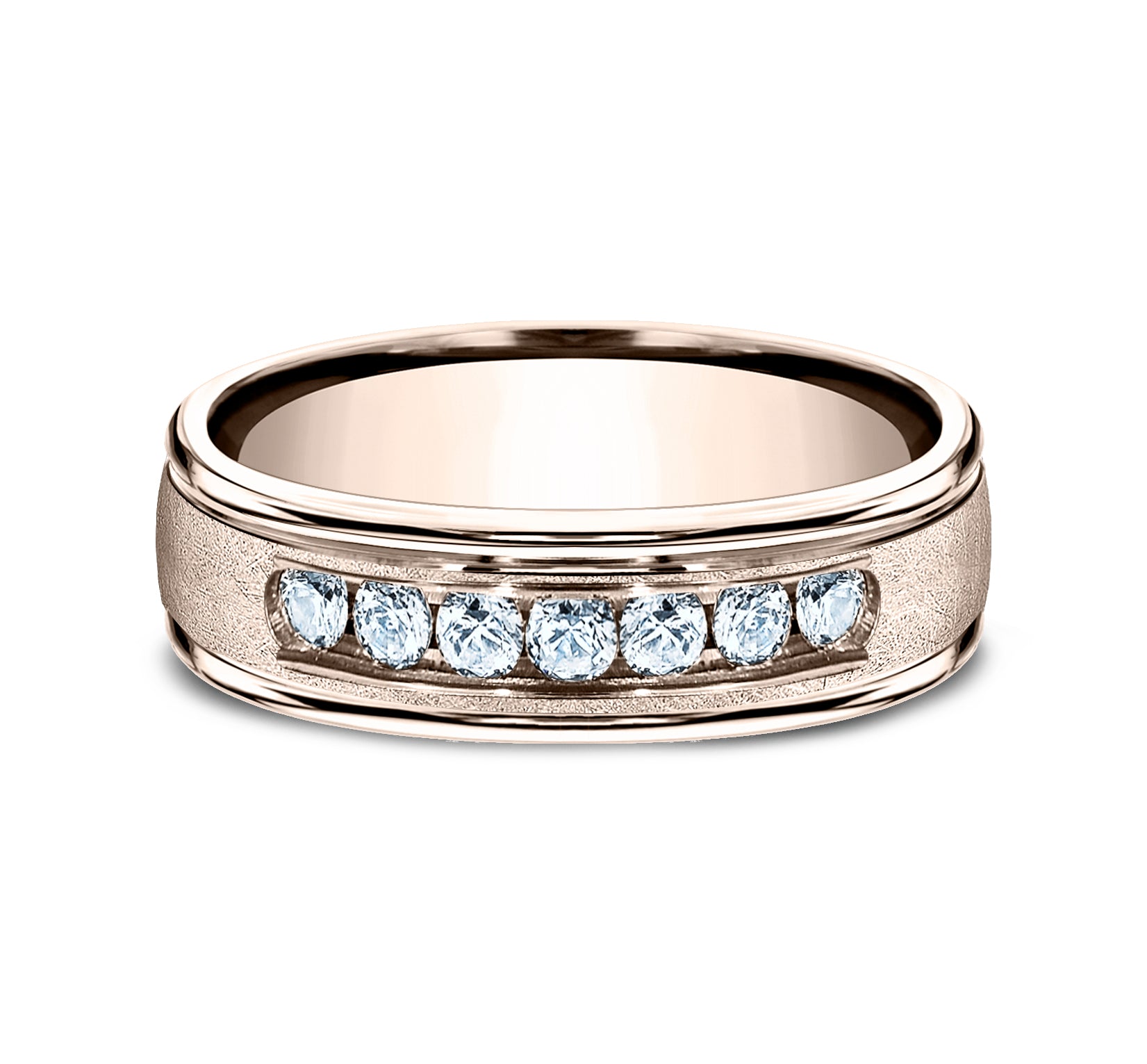 THE CAMBRIDGE 6.5mm, Comfort fit, 14K Rose Gold, Swirl finish, polished round edges, 7 channel set diamonds, Carat weight is .42ct, Clarity SI1-2, Color GH
