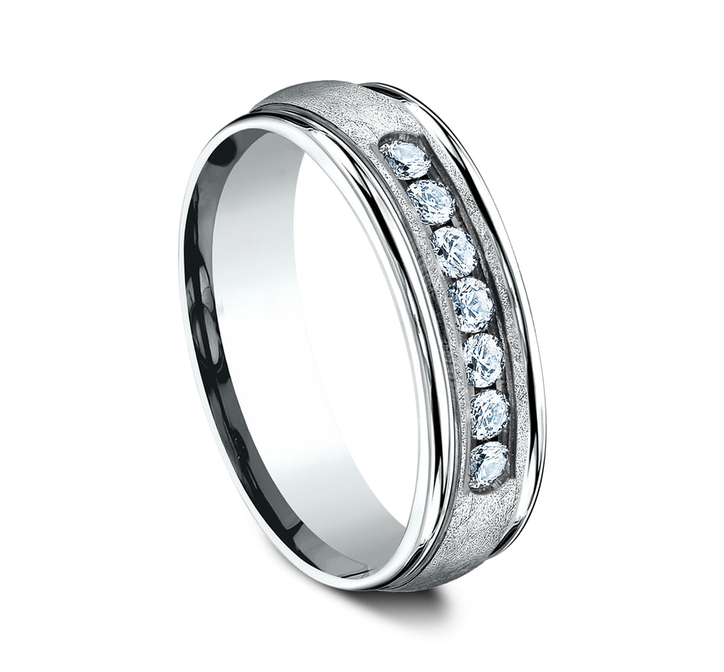 THE CAMBRIDGE 6.5mm, Comfort fit, 14K White Gold, Swirl finish, polished round edges, 7 channel set diamonds, Carat weight is .42ct, Clarity SI1-2, Color GH
