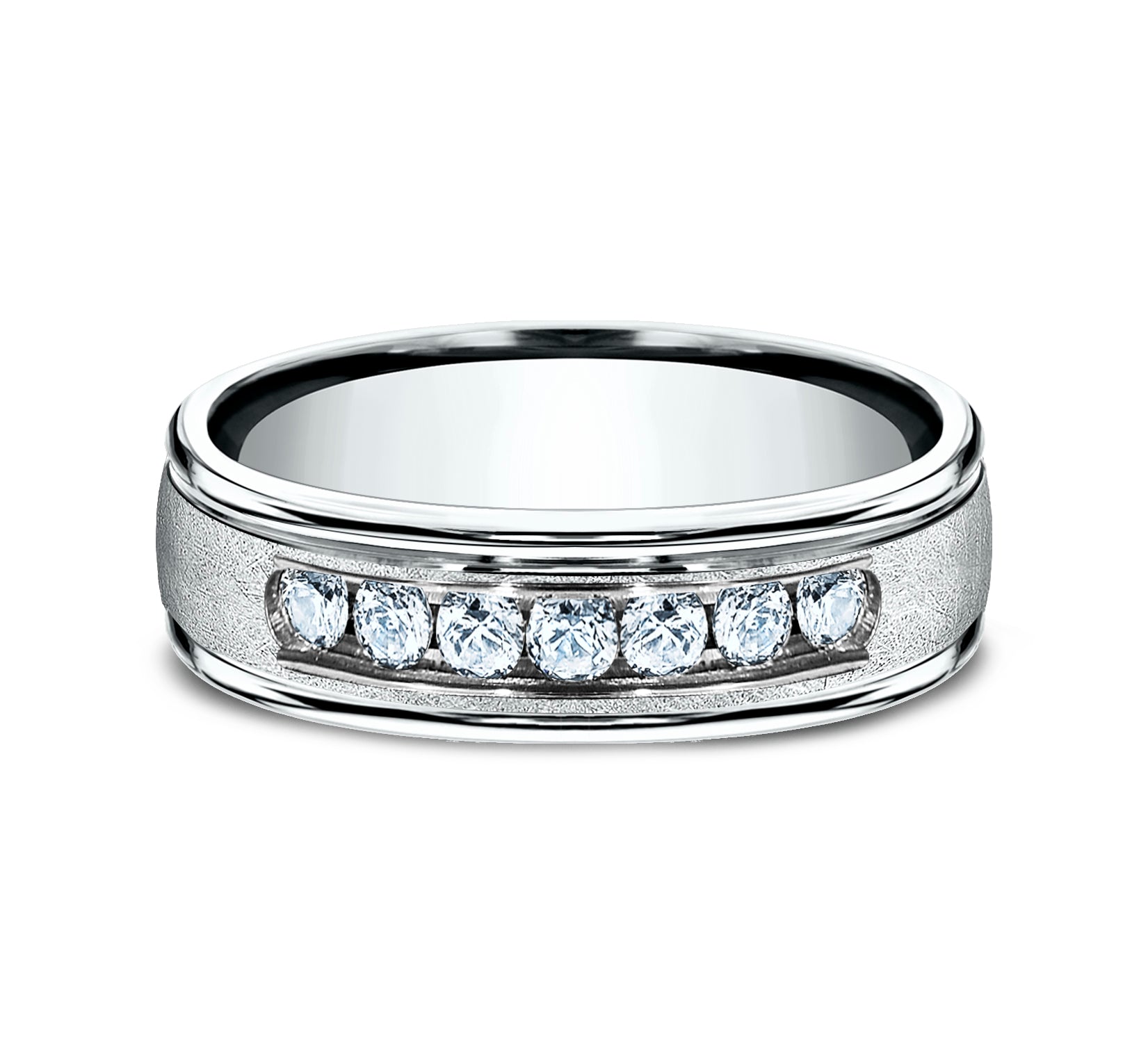 THE CAMBRIDGE 6.5mm, Comfort fit, 14K White Gold, Swirl finish, polished round edges, 7 channel set diamonds, Carat weight is .42ct, Clarity SI1-2, Color GH