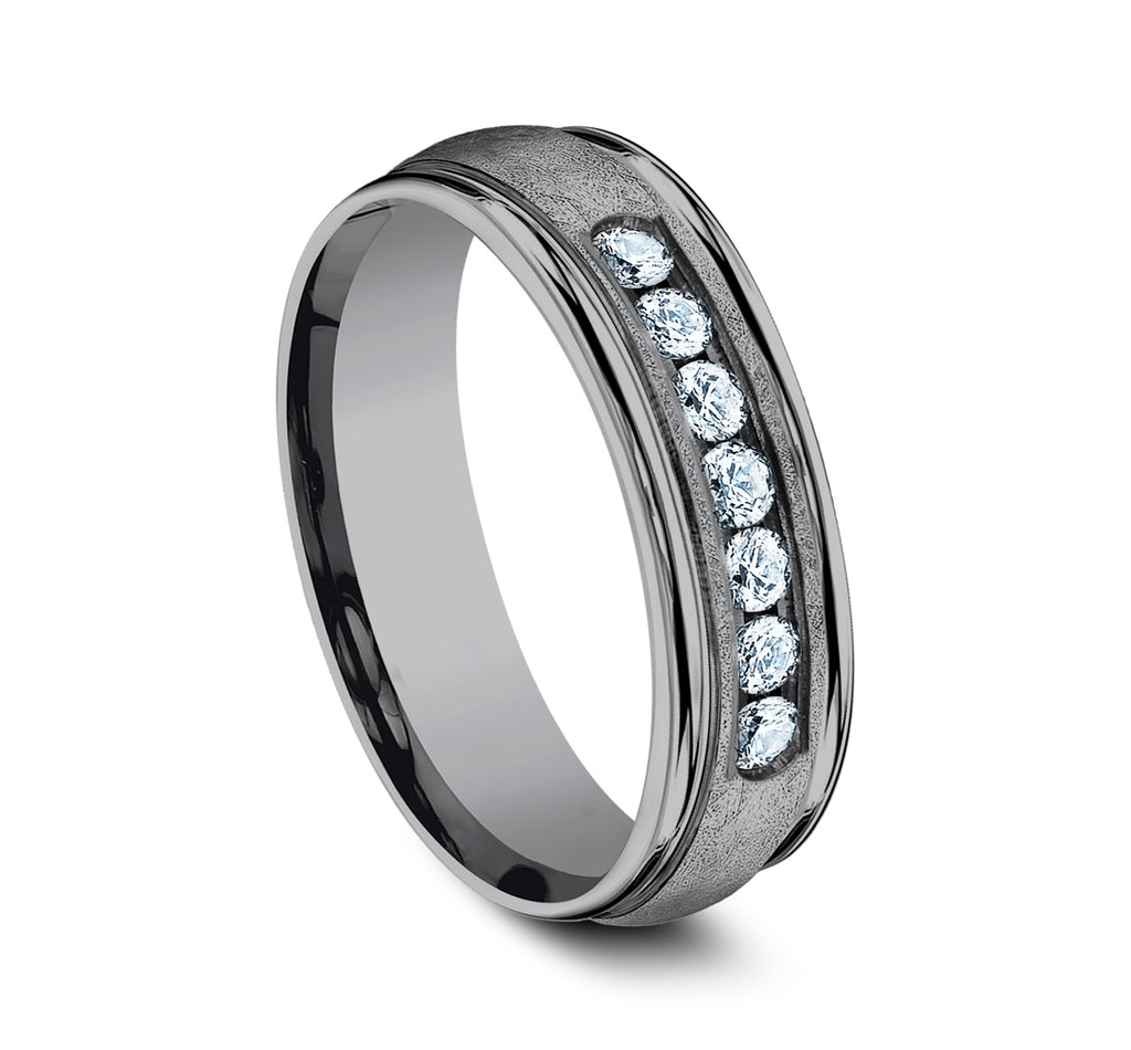 THE CAMBRIDGE 6.5mm, Comfort fit, Grey Tantalum, Swirl finish, polished round edges, 7 channel set diamonds, Carat weight is .42ct, Clarity SI1-2, Color GH