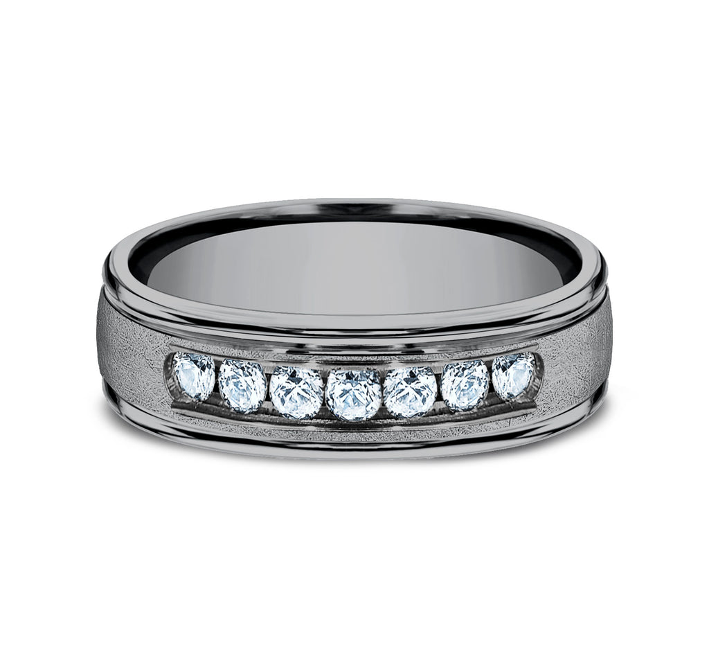 THE CAMBRIDGE 6.5mm, Comfort fit, Grey Tantalum, Swirl finish, polished round edges, 7 channel set diamonds, Carat weight is .42ct, Clarity SI1-2, Color GH