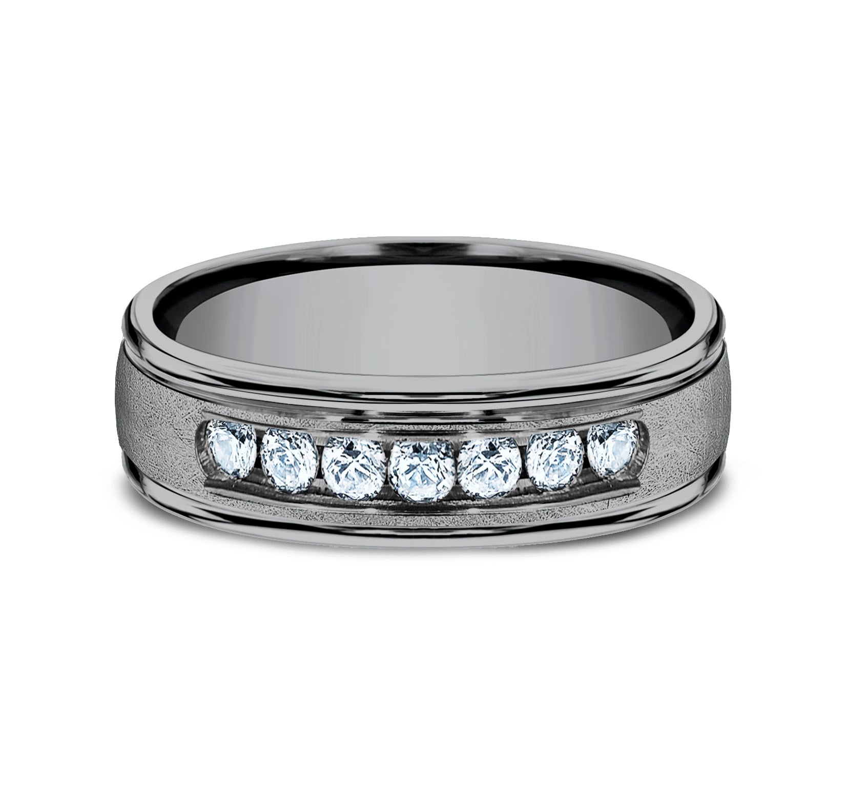 THE CAMBRIDGE 6.5mm, Comfort fit, Grey Tantalum, Swirl finish, polished round edges, 7 channel set diamonds, Carat weight is .42ct, Clarity SI1-2, Color GH