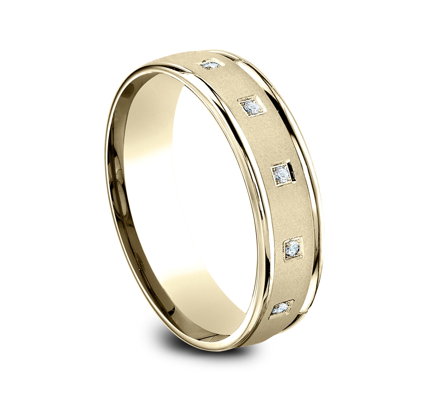 THE MONROE 6mm, Comfort fit, 14K Yellow Gold, Satin center, polished round edges, 12 pave set diamonds, Carat weight is .12ct, Clarity SI1-2, Color GH
