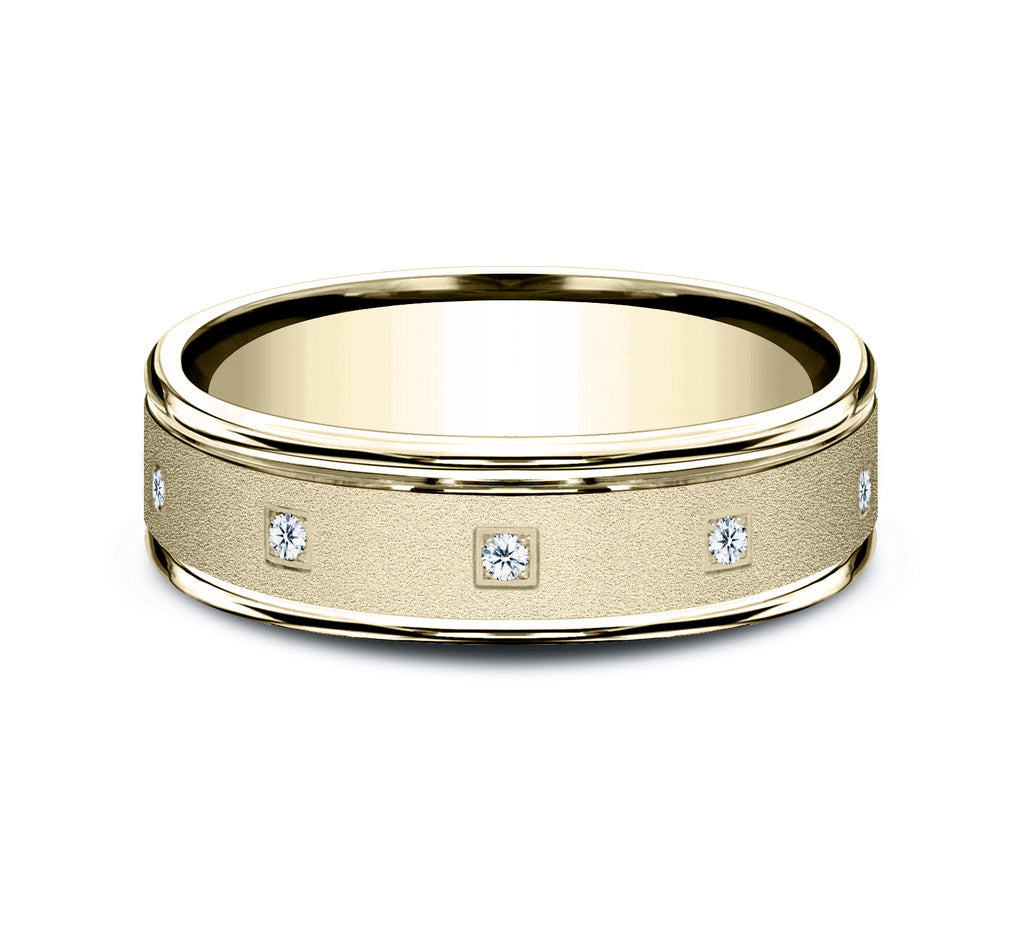 THE MONROE 6mm, Comfort fit, 14K Yellow Gold, Satin center, polished round edges, 12 pave set diamonds, Carat weight is .12ct, Clarity SI1-2, Color GH