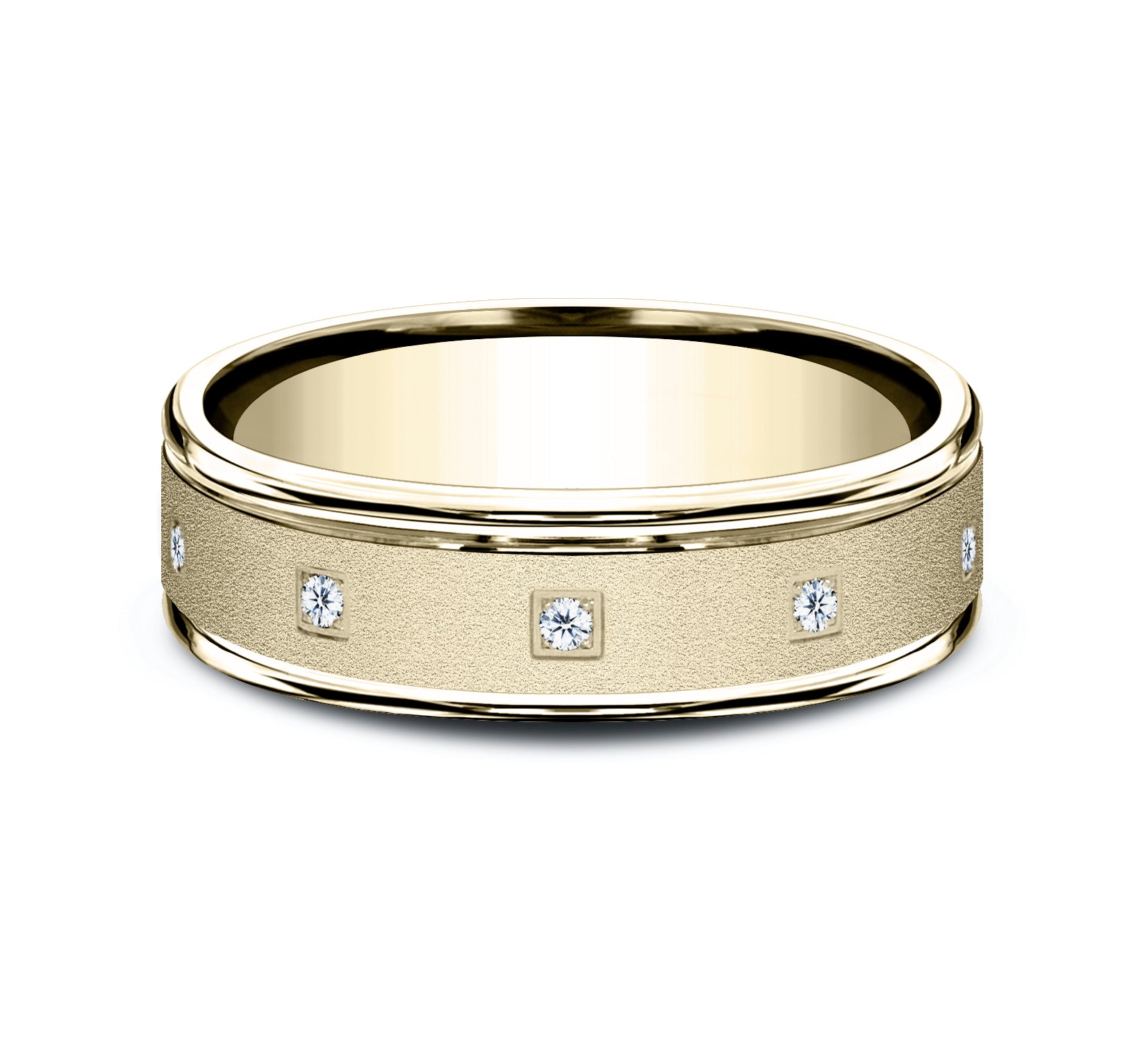 THE MONROE 6mm, Comfort fit, 14K Yellow Gold, Satin center, polished round edges, 12 pave set diamonds, Carat weight is .12ct, Clarity SI1-2, Color GH
