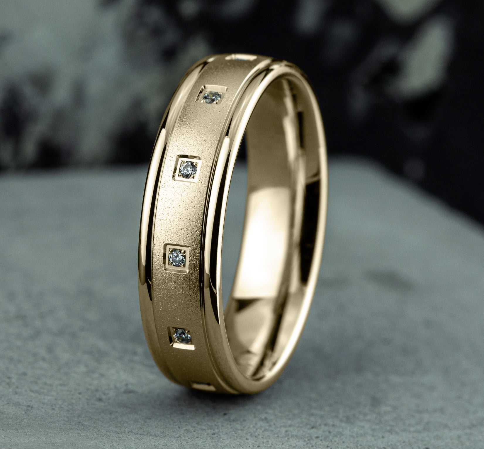 THE MONROE 6mm, Comfort fit, 14K Yellow Gold, Satin center, polished round edges, 12 pave set diamonds, Carat weight is .12ct, Clarity SI1-2, Color GH