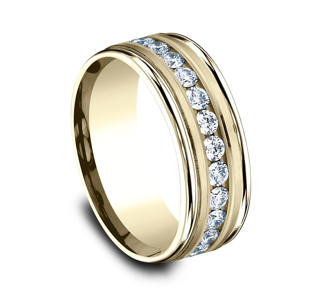 THE ROOSEVELT 8mm, Comfort fit, 14K Yellow Gold, Satin center, polished round edges, 12 channel set diamonds, Carat weight is .96ct, Clarity SI1-2, Color GH