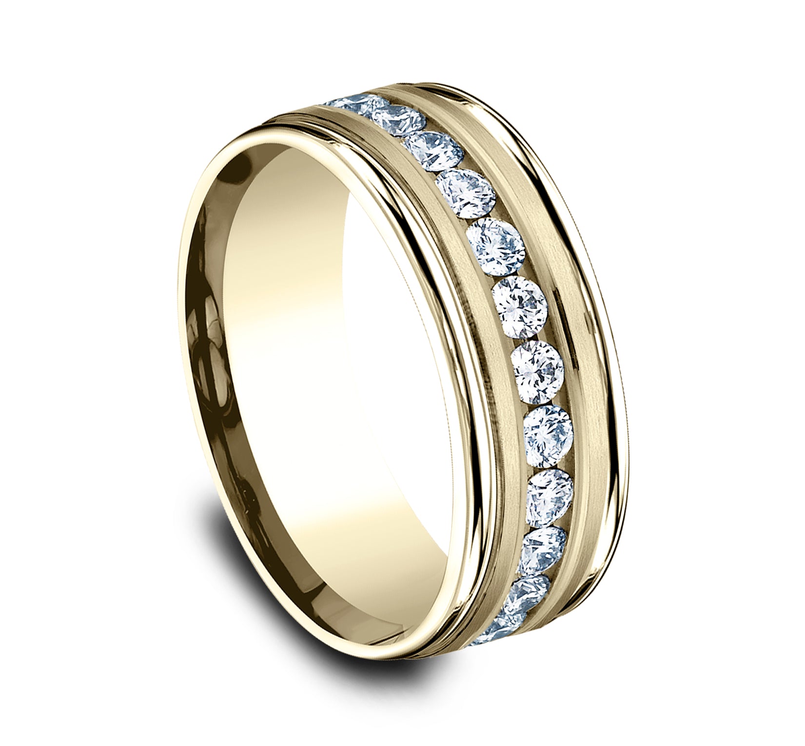 THE ROOSEVELT 8mm, Comfort fit, 14K Yellow Gold, Satin center, polished round edges, 12 channel set diamonds, Carat weight is .96ct, Clarity SI1-2, Color GH