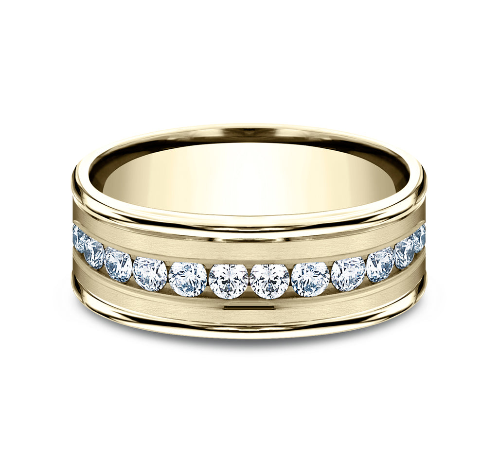 THE ROOSEVELT 8mm, Comfort fit, 14K Yellow Gold, Satin center, polished round edges, 12 channel set diamonds, Carat weight is .96ct, Clarity SI1-2, Color GH
