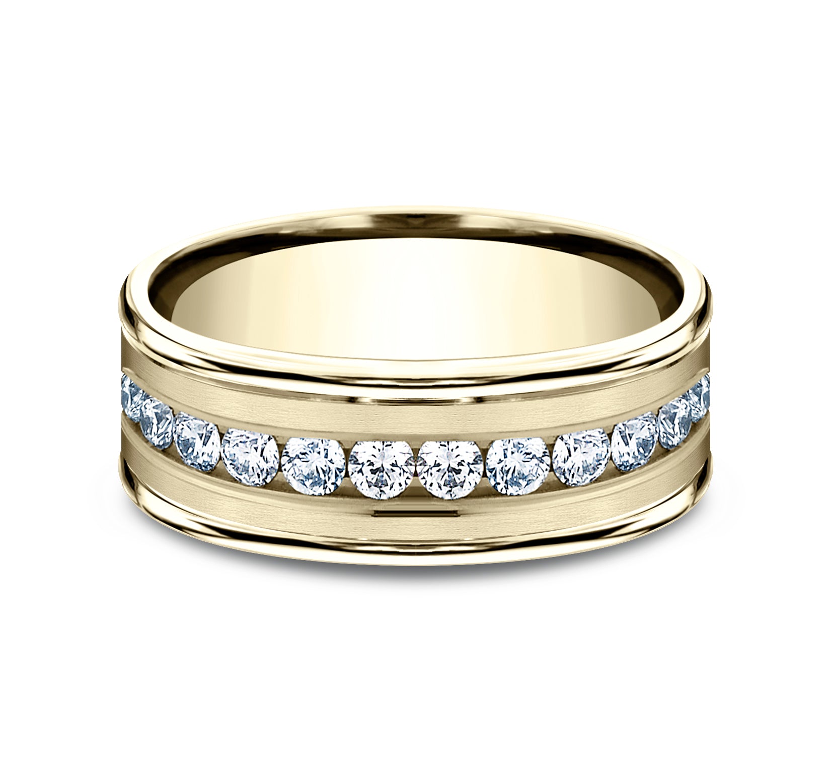 THE ROOSEVELT 8mm, Comfort fit, 14K Yellow Gold, Satin center, polished round edges, 12 channel set diamonds, Carat weight is .96ct, Clarity SI1-2, Color GH