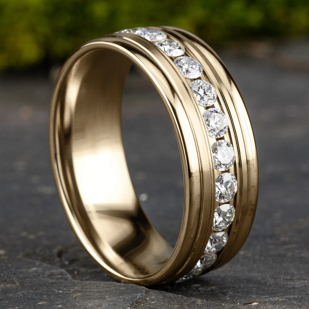 THE ROOSEVELT 8mm, Comfort fit, 14K Yellow Gold, Satin center, polished round edges, 12 channel set diamonds, Carat weight is .96ct, Clarity SI1-2, Color GH