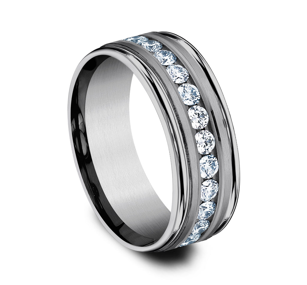 THE ROOSEVELT 8mm, Comfort fit, Grey Tantalum, Satin center, polished round edges, 12 channel set diamonds, Carat weight is .96ct, Clarity SI1-2, Color GH