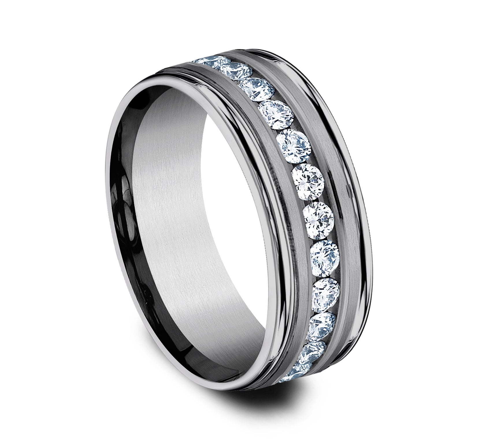 THE ROOSEVELT 8mm, Comfort fit, Grey Tantalum, Satin center, polished round edges, 12 channel set diamonds, Carat weight is .96ct, Clarity SI1-2, Color GH