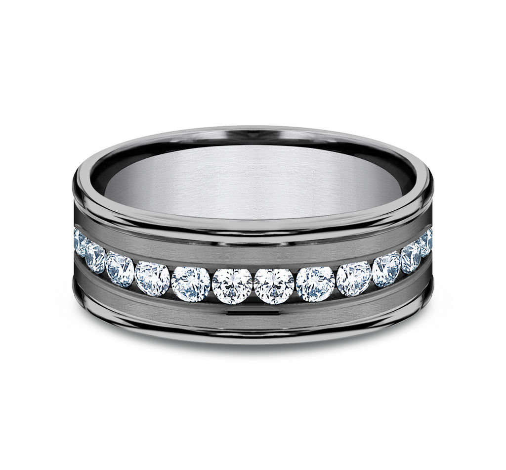 THE ROOSEVELT 8mm, Comfort fit, Grey Tantalum, Satin center, polished round edges, 12 channel set diamonds, Carat weight is .96ct, Clarity SI1-2, Color GH