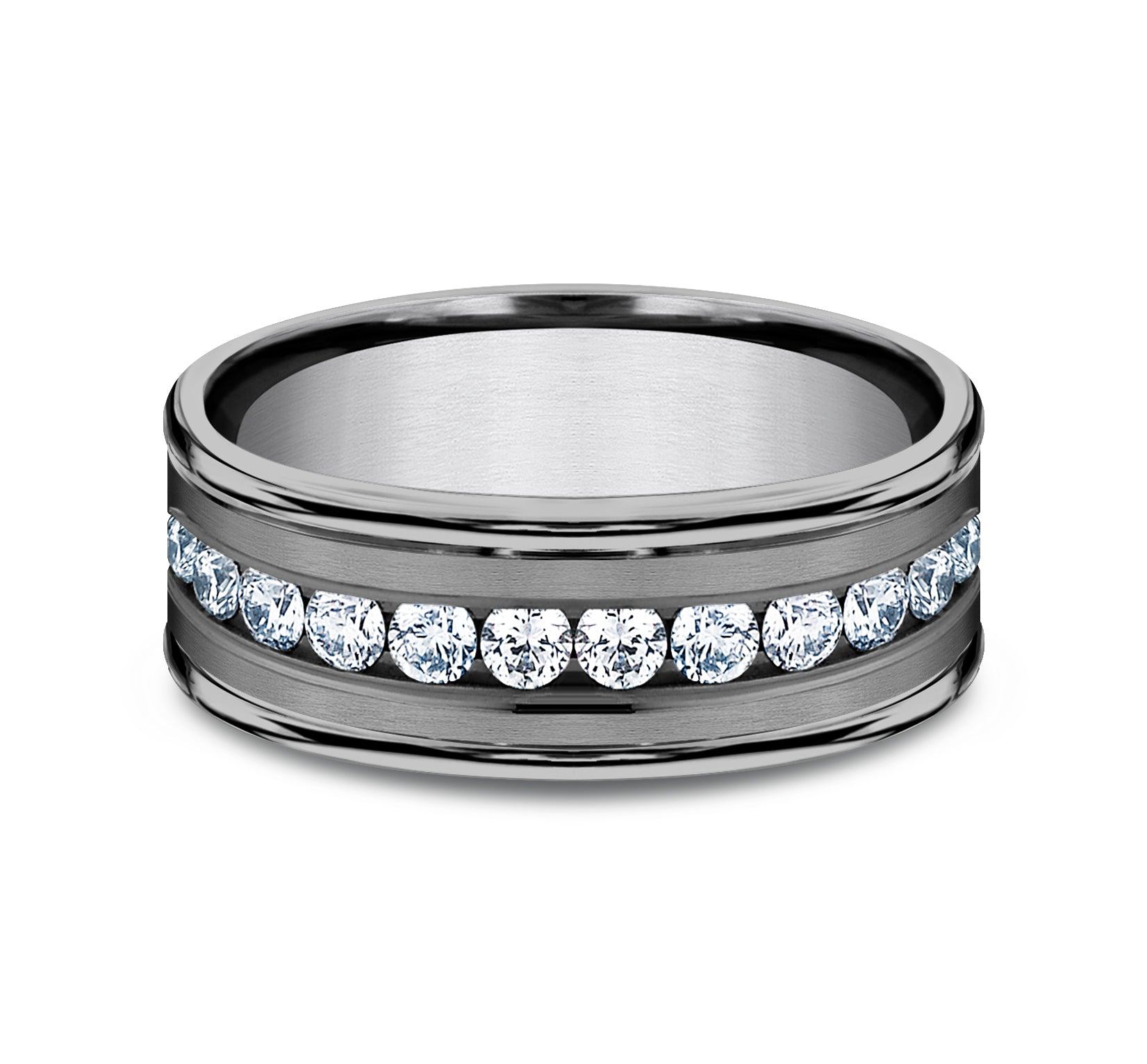 THE ROOSEVELT 8mm, Comfort fit, Grey Tantalum, Satin center, polished round edges, 12 channel set diamonds, Carat weight is .96ct, Clarity SI1-2, Color GH