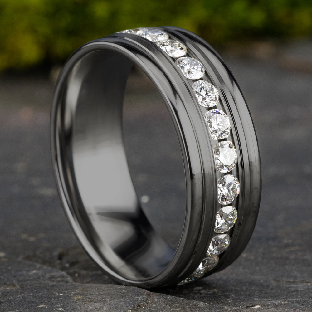 THE ROOSEVELT 8mm, Comfort fit, Grey Tantalum, Satin center, polished round edges, 12 channel set diamonds, Carat weight is .96ct, Clarity SI1-2, Color GH