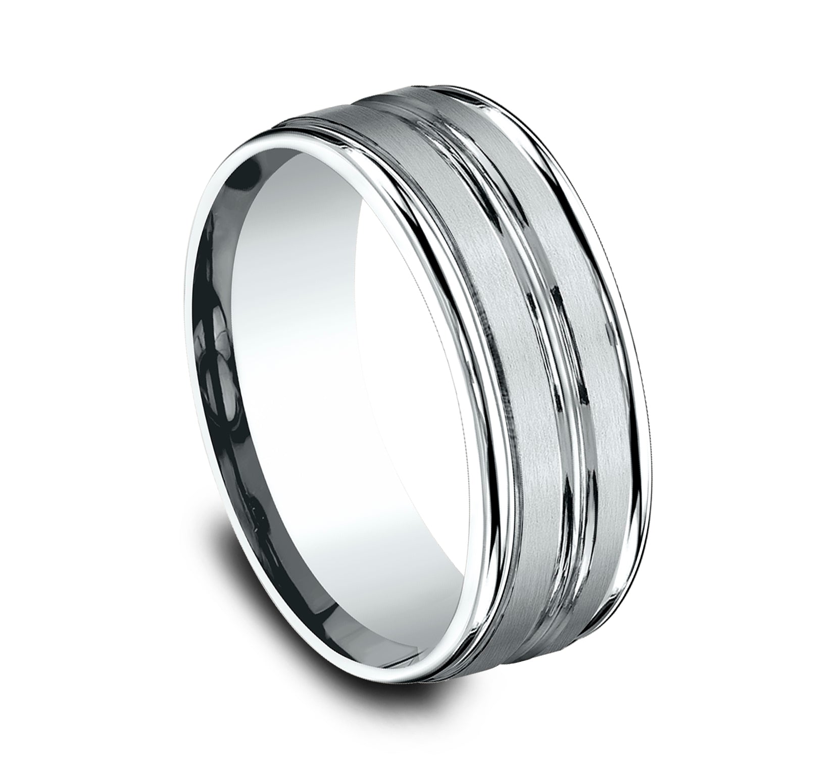 THE ECHO 8mm, Comfort fit, 14K White Gold, Satin finish, polished double center cuts and round edges