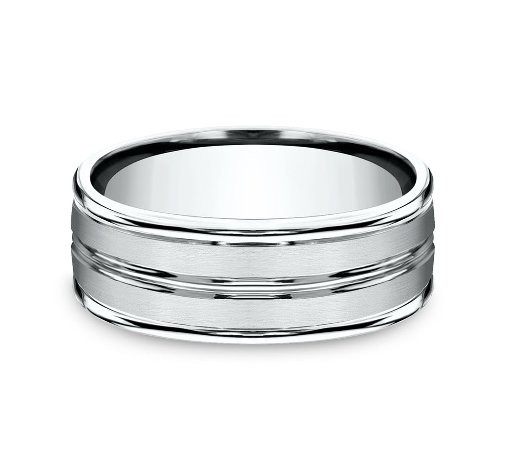 THE ECHO 8mm, Comfort fit, 14K White Gold, Satin finish, polished double center cuts and round edges