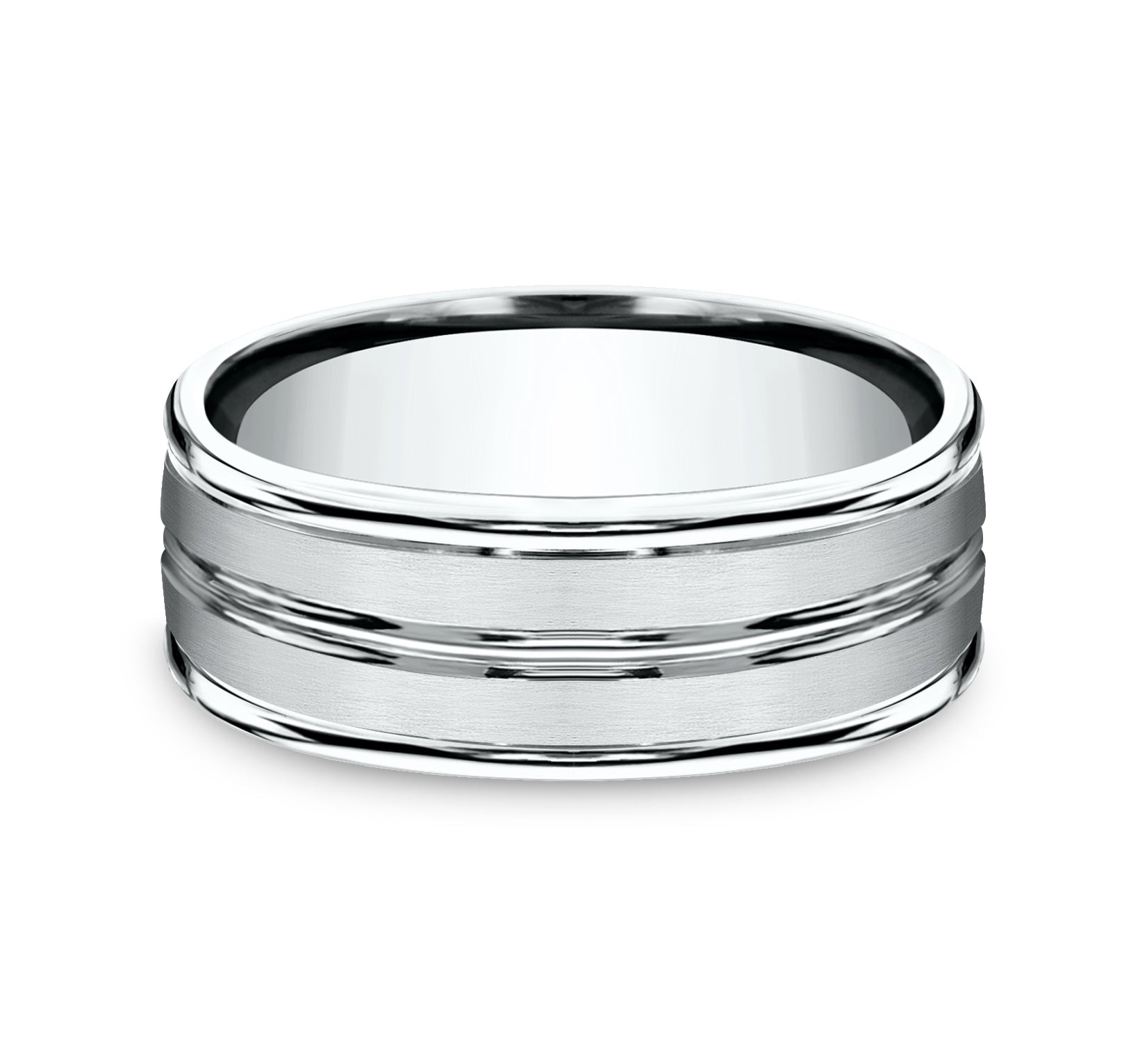 THE ECHO 8mm, Comfort fit, 14K White Gold, Satin finish, polished double center cuts and round edges