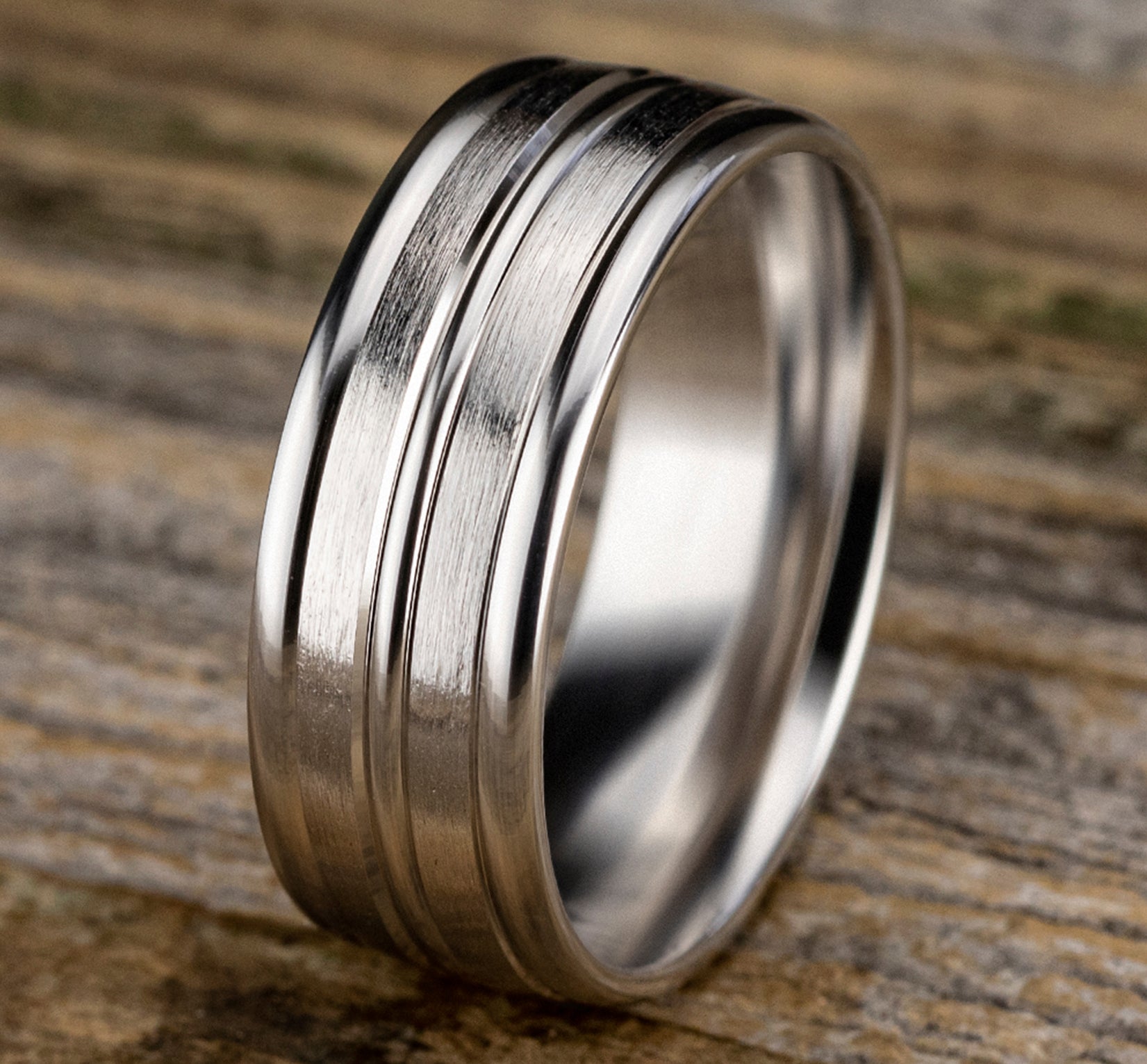 THE ECHO 8mm, Comfort fit, 14K White Gold, Satin finish, polished double center cuts and round edges