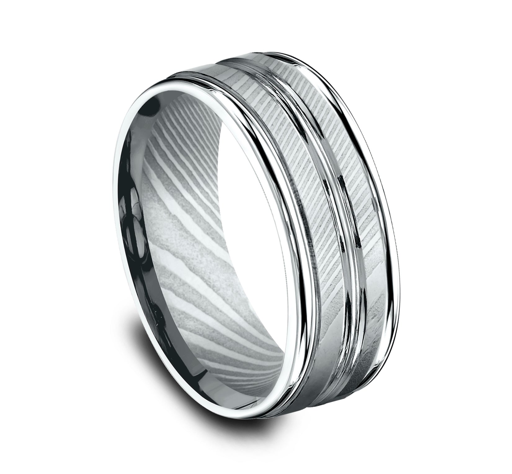 THE ECHO 8mm, Comfort fit, Damascus Steel, Polished double center cuts and round edges
