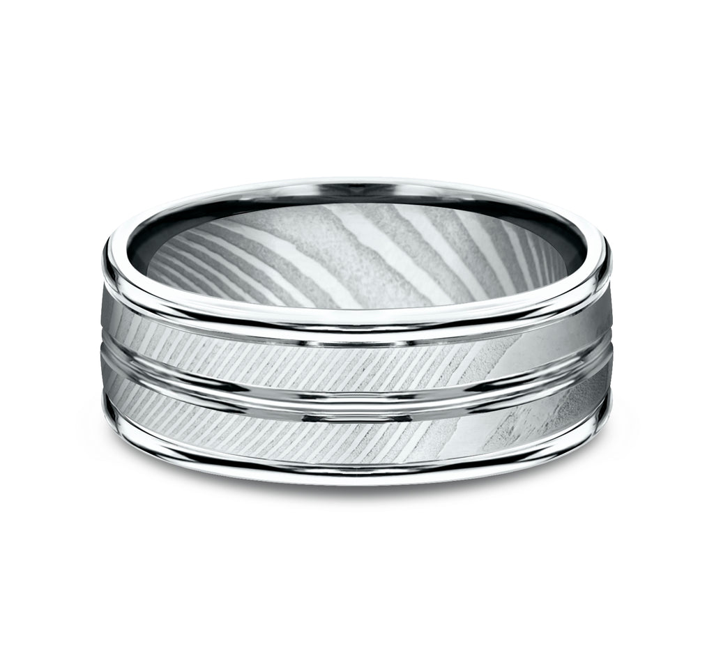 THE ECHO 8mm, Comfort fit, Damascus Steel, Polished double center cuts and round edges