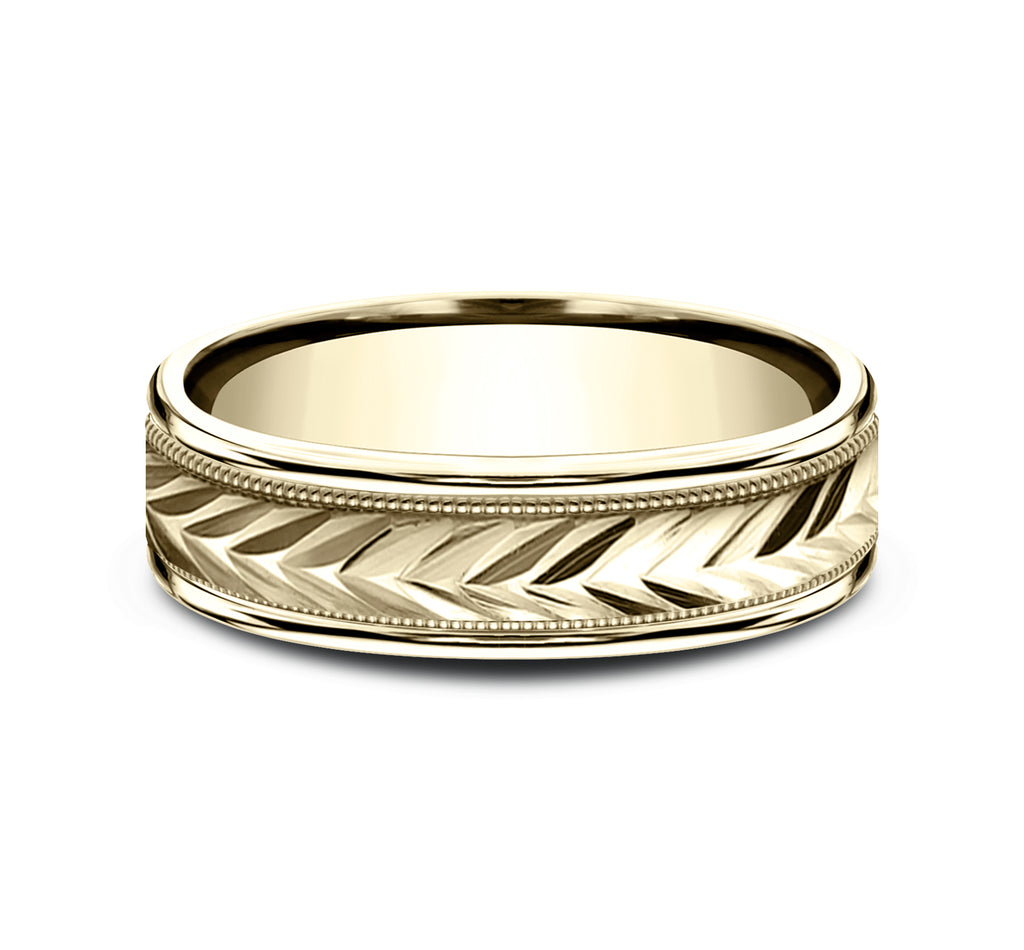 THE PRIMOR 6mm, Comfort fit, 14K Yellow Gold, Wheat pattern with milgrain detail, polished round edges