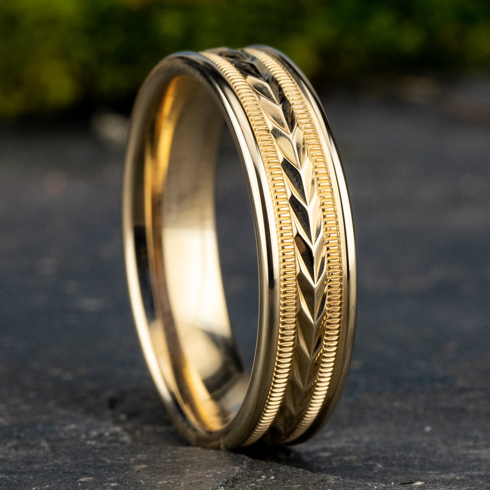 THE PRIMOR 6mm, Comfort fit, 14K Yellow Gold, Wheat pattern with milgrain detail, polished round edges