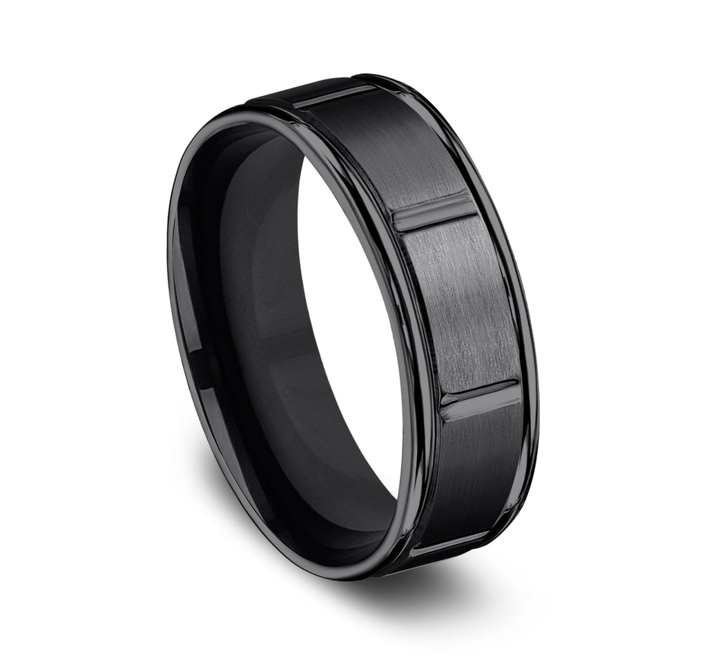 THE GAMBIT 7mm, Comfort fit, Black Titanium, Satin finish with polished vertical cuts, polished round edges