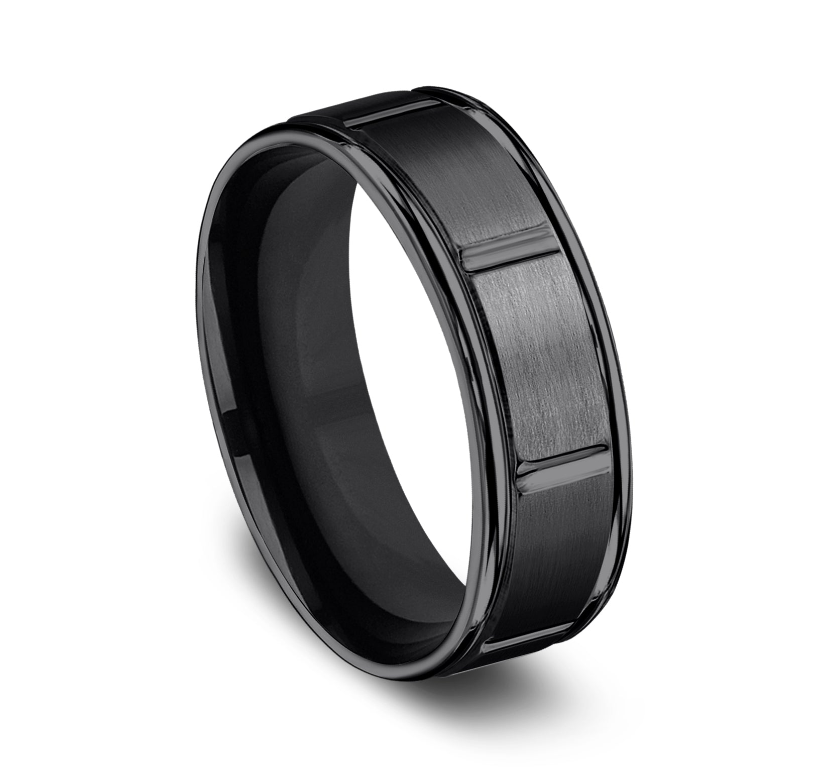 THE GAMBIT 7mm, Comfort fit, Black Titanium, Satin finish with polished vertical cuts, polished round edges