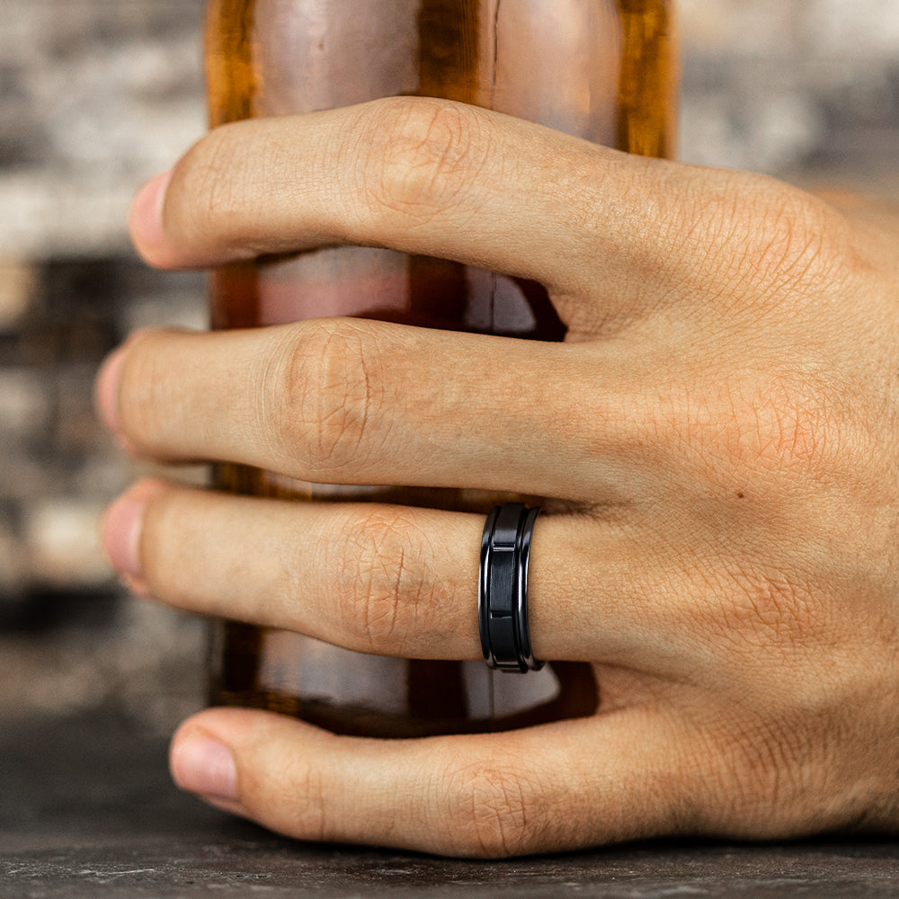 THE GAMBIT 7mm, Comfort fit, Black Titanium, Satin finish with polished vertical cuts, polished round edges